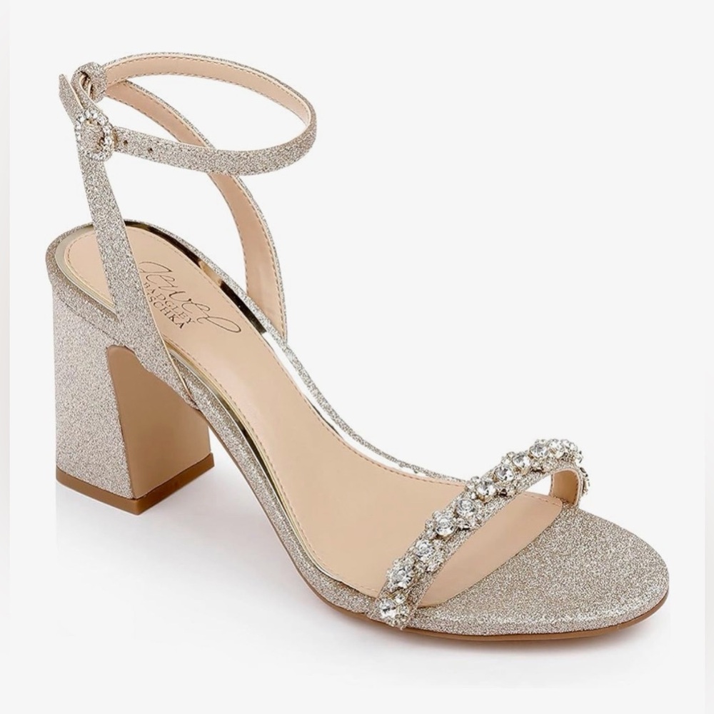 NEW Gold Jewel Badgley Mischka Alyna Bejeweled Block Heel 8.5 $99